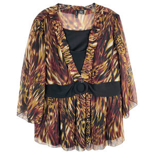 New Directions Plus Sz 2X Top Brown Black V Neck Attached Belt Blouse Ruffle 664